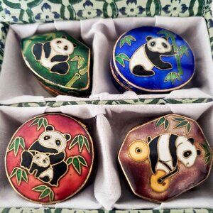 Vintage Set of 4 Cloisonne Hinged Boxes with 4 Different Pandas